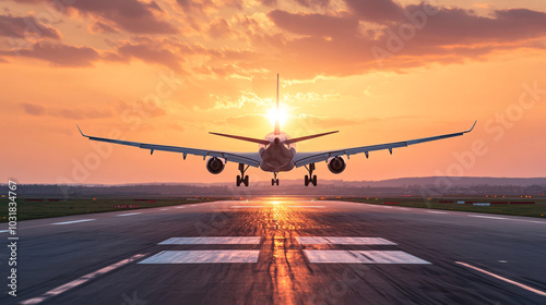 Airplane Landing at Sunset