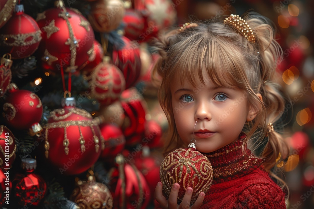 Young girl holding a decorated ornament while standing in front of a beautifully adorned Christmas tree during the holiday season Young girl holding a decorated ornament while standing in front of a beautifully adorned Christmas tree during the holiday season
