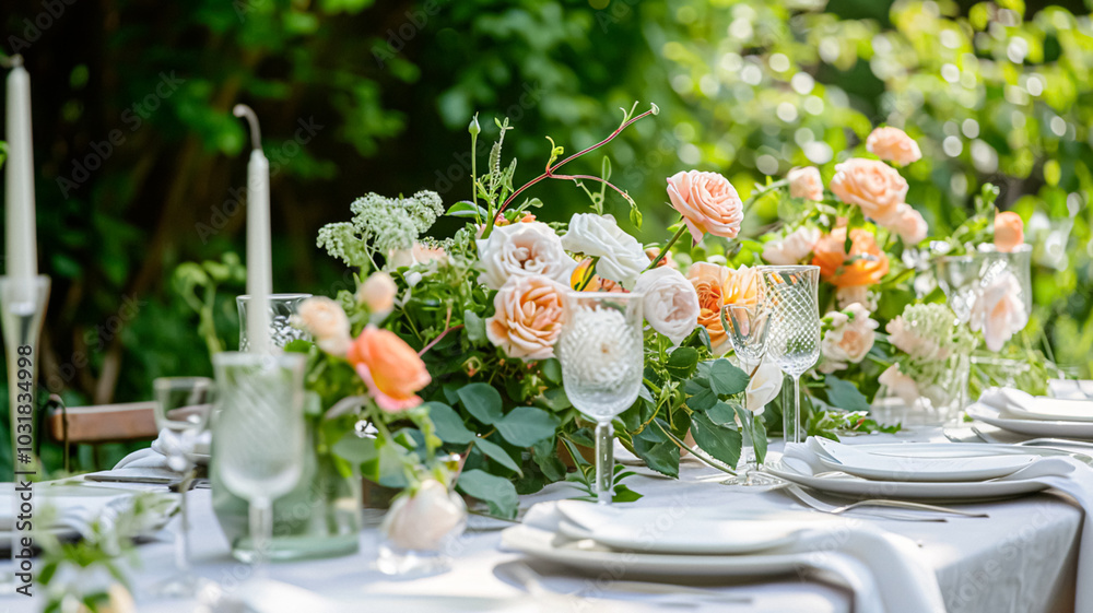 Beautifully set table for a garden party, adorned tablescape with vibrant floral arrangements, under the shade of blossoming rose bushes, inviting a sense of elegance and natural charm Beautifully set table for a garden party, adorned tablescape with vibrant floral arrangements, under the shade of blossoming rose bushes, inviting a sense of elegance and natural charm