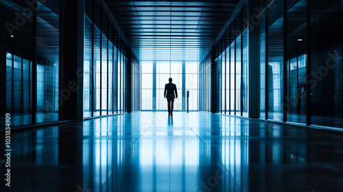 Businessman Walking in Modern Glass Office Hallway photo