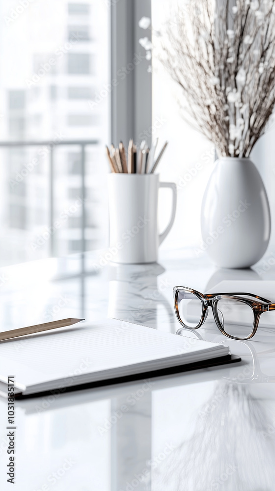 Open Notebook with Pen and Glasses on Marble Desk in Sunlight Open Notebook with Pen and Glasses on Marble Desk in Sunlight