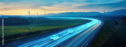 Eco-Friendly New Energy Vehicles on Highway with Wind Turbines, Green Fields, and Morning Sunlight under a Clear Blue Sky