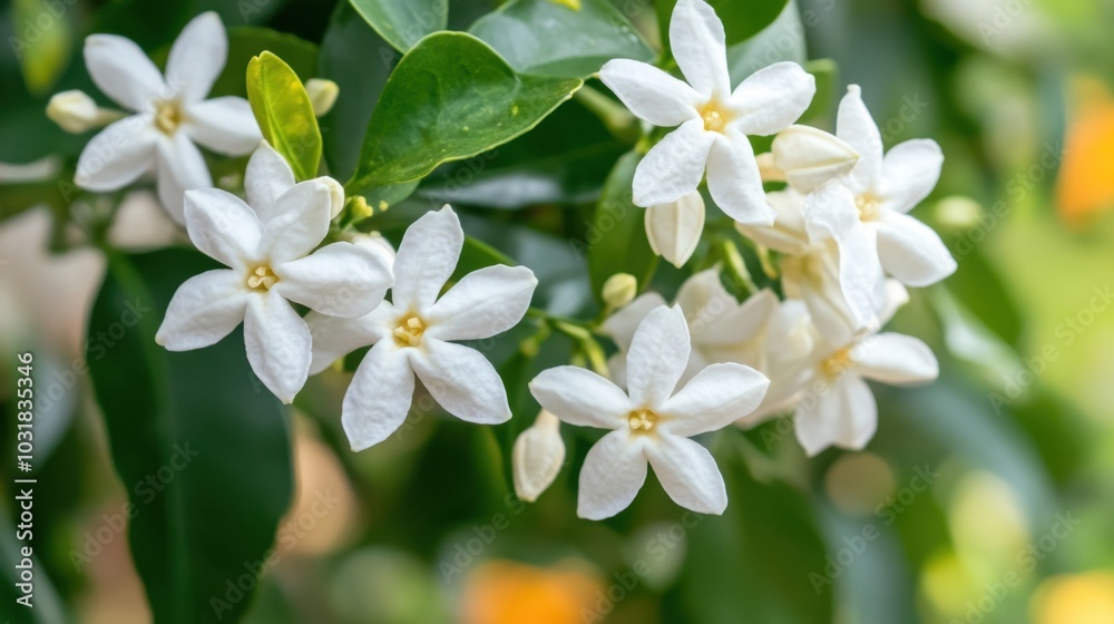 A close-up of Indian jasmine flowers blooming on a vine, with fine details on the petals. A close-up of Indian jasmine flowers blooming on a vine, with fine details on the petals.