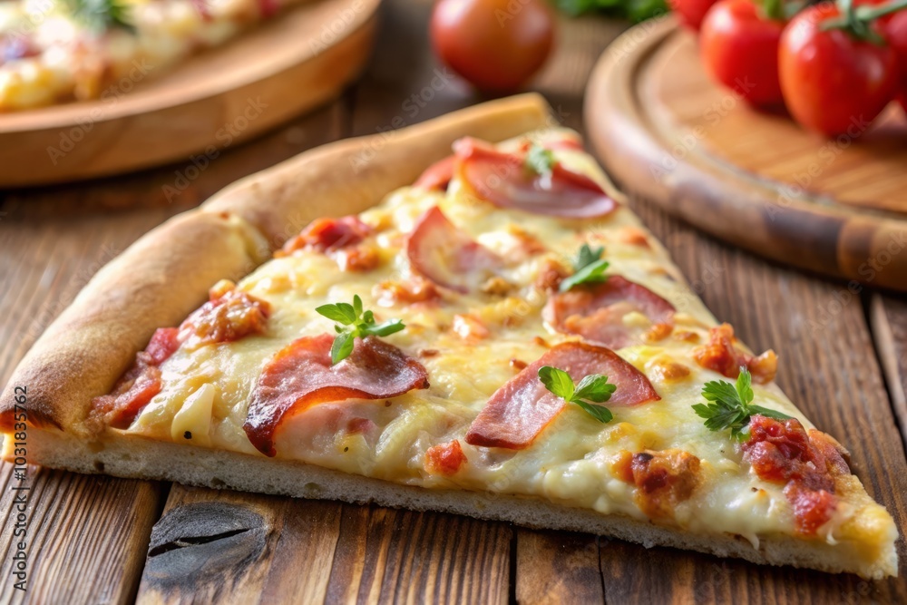 close-up a slice delicious of carbonara pizza with bacon, tomato, eggs and cheese on a woodem table