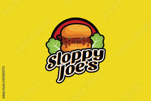 sloppy joes logo in emblem form with a sloppy joes dish and lettuce. It's great for restaurants, cafes, food trucks, etc.