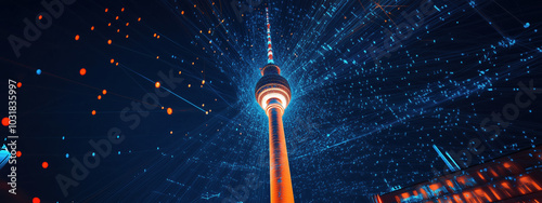 ighly Detailed Realistic Image of a Tower Composed of Intricate Digital Network Lines with Moving Cars on the Road, Set in a Dark Blue Background Featuring Blue and Orange Accents photo