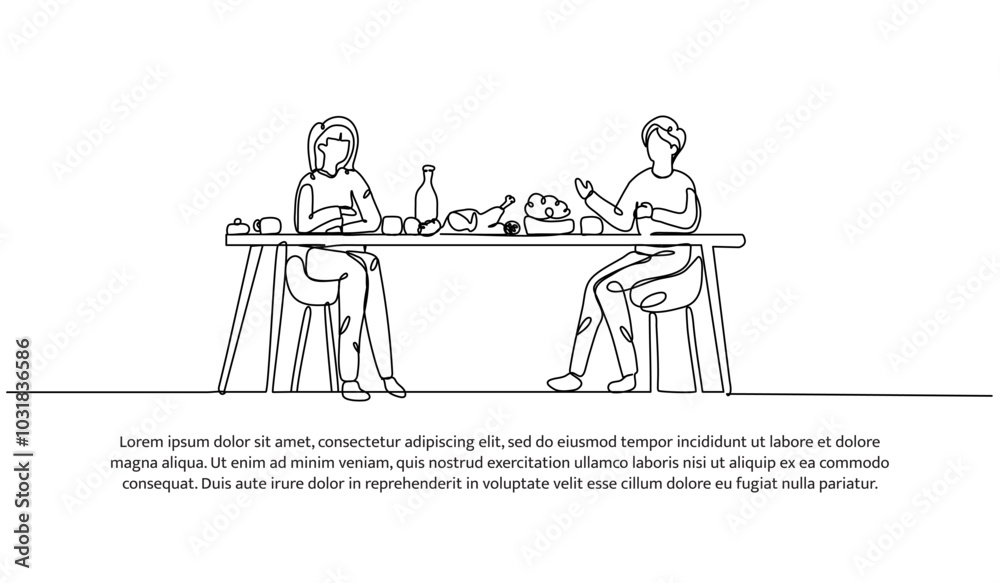 Continuous line design of a man and woman are having dinner. Single line decorative element drawn on white. Continuous line design of a man and woman are having dinner. Single line decorative element drawn on white.