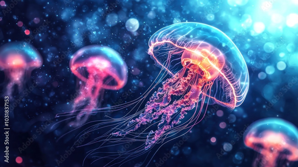 Naklejka premium Enchanting jellyfish a mesmerizing journey through the ethereal world of underwater creatures capturing their grace and beauty as they drift through the ocean's depths illuminated