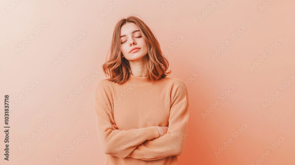 Obraz premium Thoughtful woman standing with arms crossed against peach background, exuding calm and introspective vibe. Her relaxed expression adds to serene atmosphere