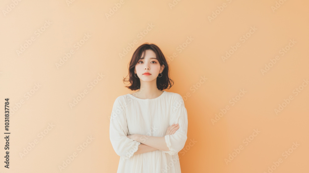 Thoughtful woman standing with arms crossed against orange wall, exuding calm and introspective vibe. Her expression reflects contemplation and confidence Thoughtful woman standing with arms crossed against orange wall, exuding calm and introspective vibe. Her expression reflects contemplation and confidence