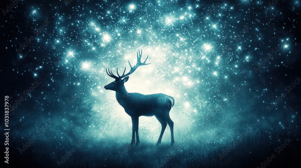Fototapeta premium Magical encounter a majestic deer amidst a celestial landscape of stars illuminating the night with mystical energy and natural beauty