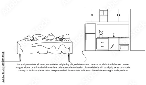 Continuous line design of kitchen set and food dishes. Single line decorative element drawn on white.