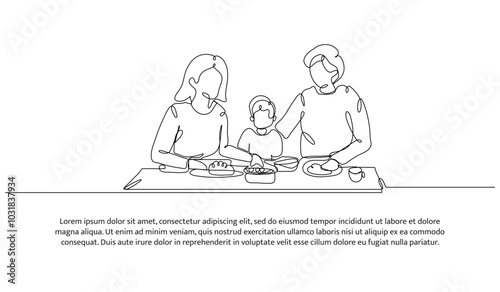 Continuous line design of eating with family. Single line decorative element drawn on white.
