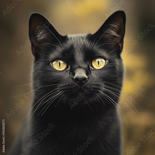 Black Cat with witch hat and pumpkin lanterns, autumn Halloween background
