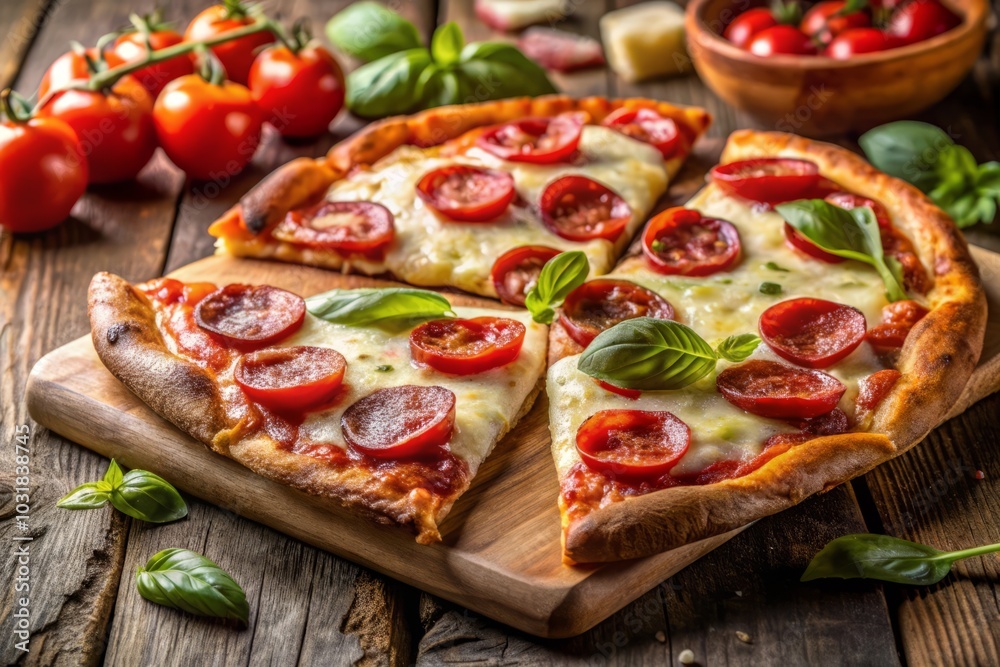Italian pizza slices with salami, tomatoes, mozzarella on a wooden table
