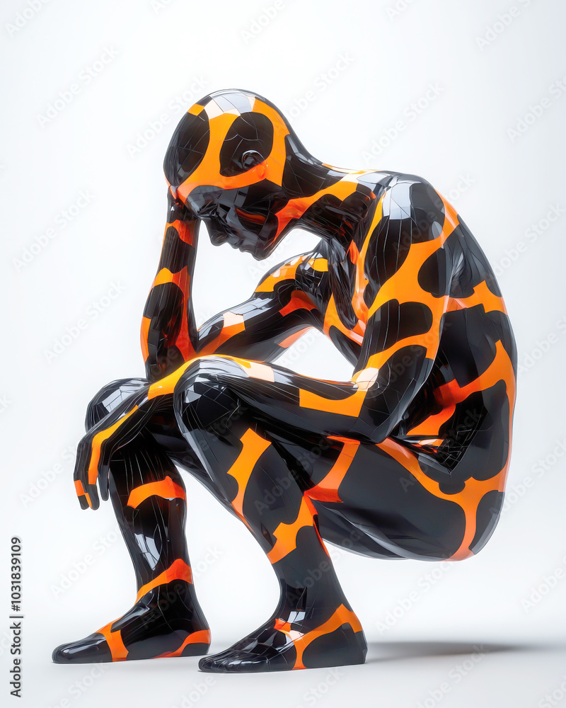 Sculpted figure with orange and black patterns, isolated against a plain background. Sculpted figure with orange and black patterns, isolated against a plain background.