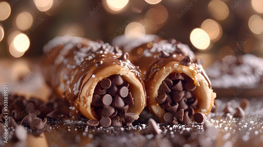 A close-up of chocolate-dipped cannoli with chocolate chips A close-up of chocolate-dipped cannoli with chocolate chips