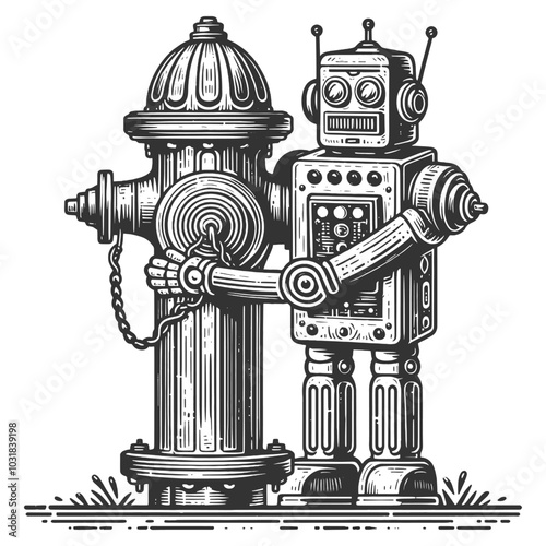 robot affectionately hugging a fire hydrant, blending technology with whimsical urban imagery sketch engraving generative ai vector illustration. Scratch board imitation. Black and white image.
