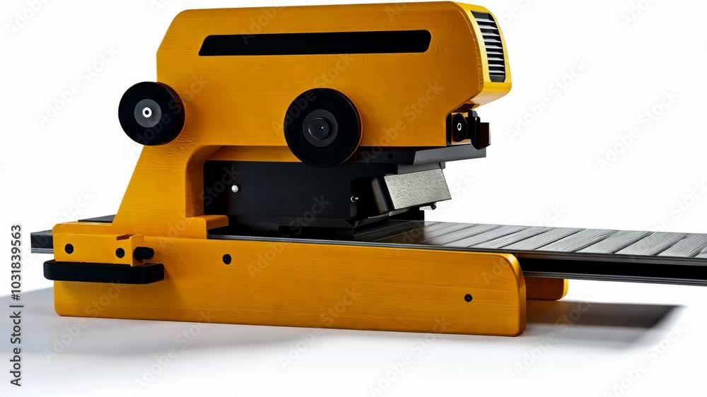 A yellow industrial machine with a metal conveyor belt sits on a white surface A yellow industrial machine with a metal conveyor belt sits on a white surface