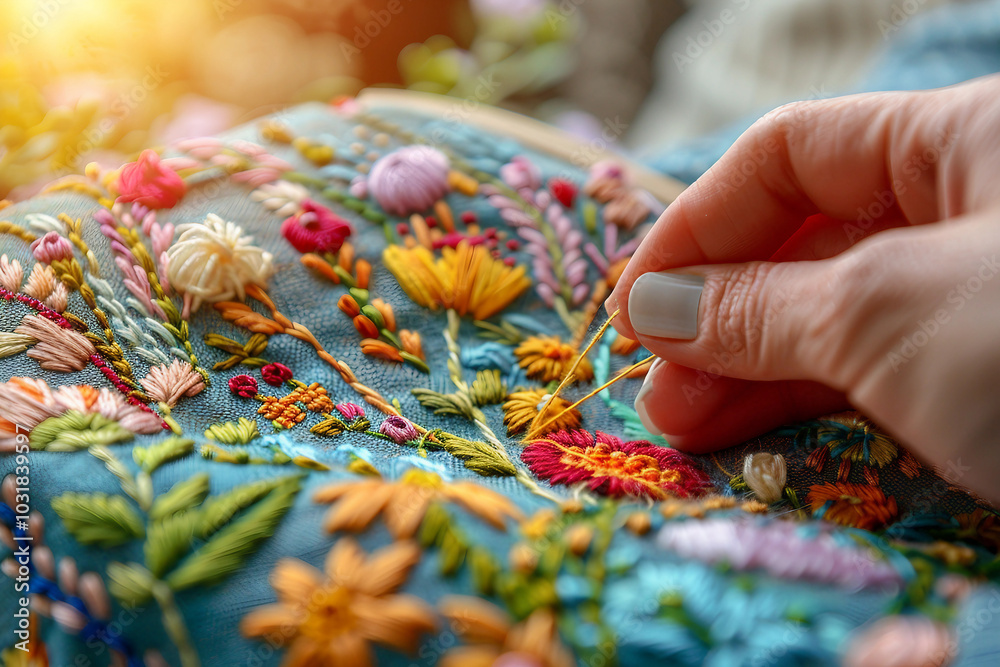 Obraz premium Embroidery in a cozy nook with a hoop threads and patterns generative AI image