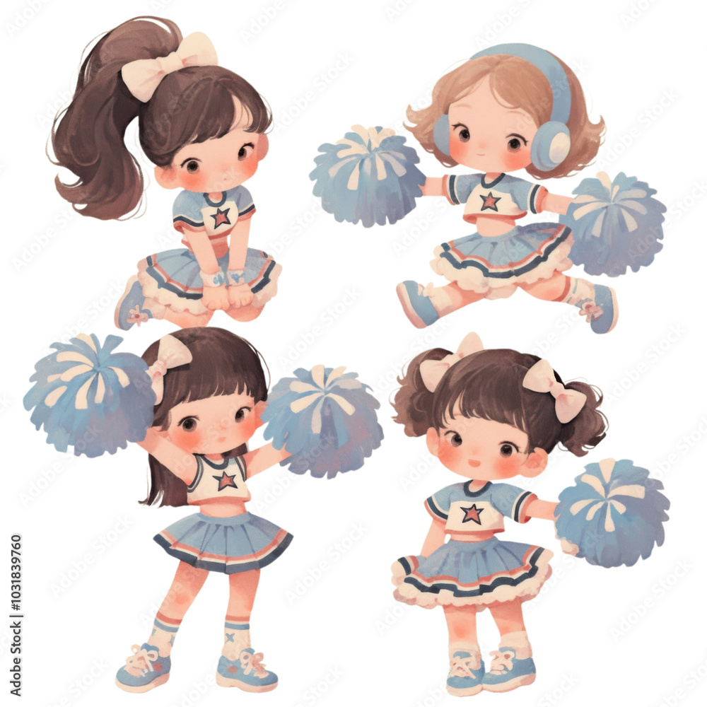 Cheerful animated characters in cheerleading outfits with pom poms on a black background Cheerful animated characters in cheerleading outfits with pom poms on a black background