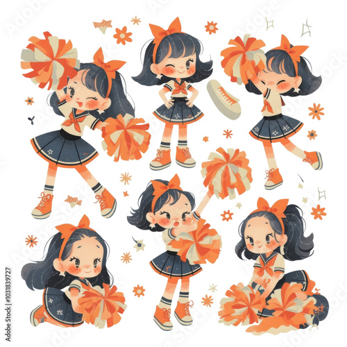 Cheerful cheerleader illustrations in cheerful orange and blue with pom poms perfect for sports themes and celebrations
