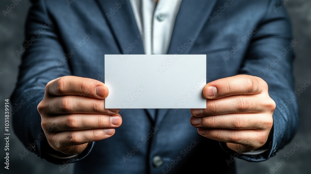 Male Holding Blank Card in Blue Long Sleeve Shirt