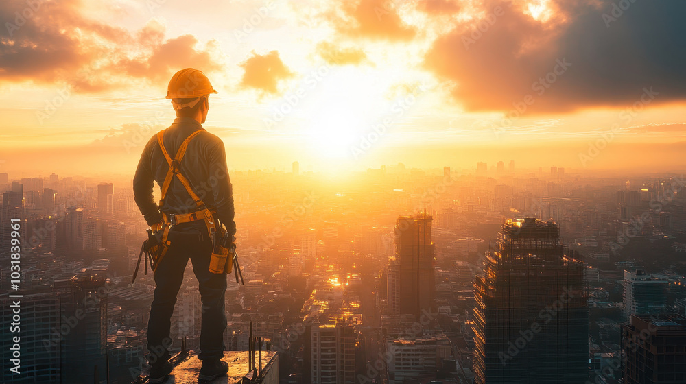 Fototapeta premium Construction Worker Overlooking Cityscape at Sunset