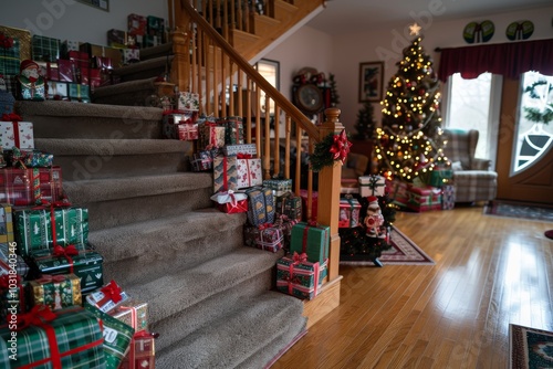 Wallpaper Mural Festively decorated living room with a grand Christmas tree and wrapped gifts surrounding the staircase during the holiday season Torontodigital.ca