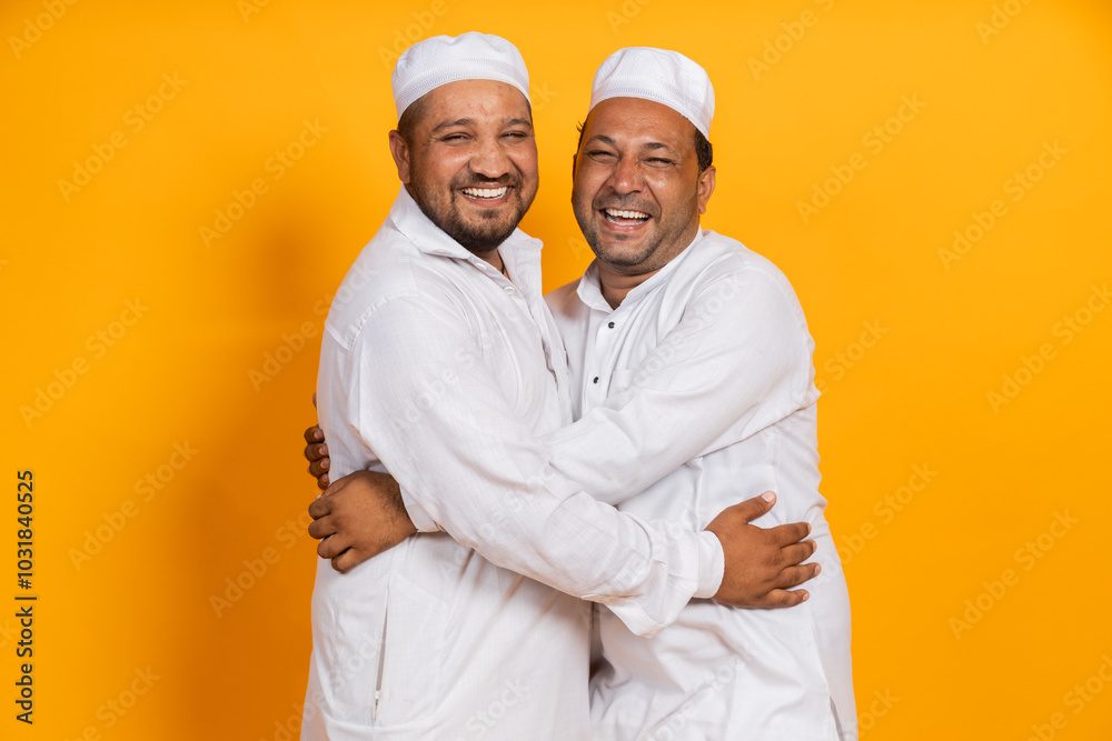 Happy Indian Muslim Men Hug each other celebrating Eid