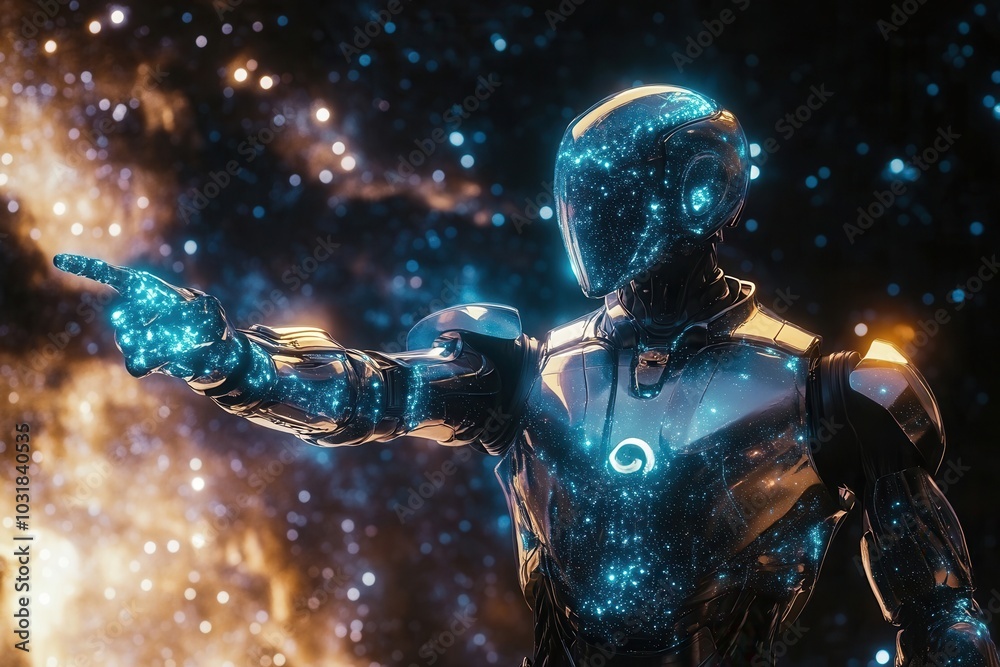 Fototapeta premium Futuristic robot exploring the galaxy, navigating through stars with advanced technology. A vision of artificial intelligence in outer space.