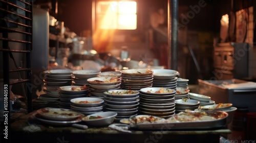 Dirty Dishes in a Restaurant Kitchen