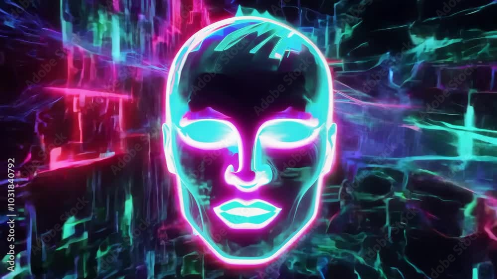 Futuristic neon digital face with vibrant glitch effects Futuristic neon digital face with vibrant glitch effects