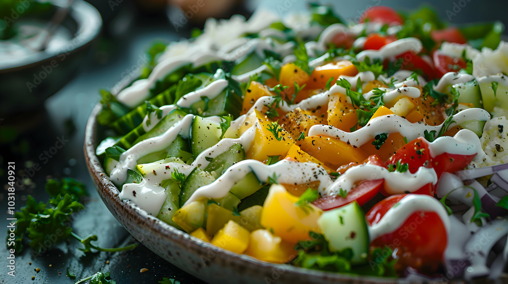 A close-up of Cobb salad with a drizzle of ranch dressing and fresh herbs A close-up of Cobb salad with a drizzle of ranch dressing and fresh herbs