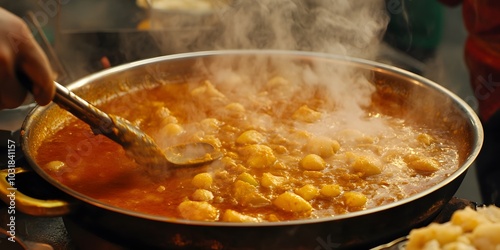 A steaming pot of curry with potatoes being stirred, showcasing vibrant colors and textures.