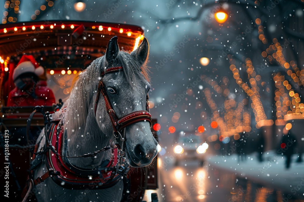 A snowy evening carriage ride through a festive city, with a white horse and cheerful decorations shining in the light A snowy evening carriage ride through a festive city, with a white horse and cheerful decorations shining in the light