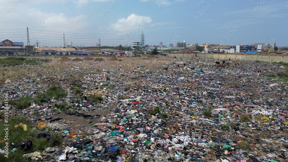 Ghana, Accra, AGBOGBLOSHIE the largest landfill illegal dump in Africa for electronic and plastic waste from the Western world. High environmental toxic pollution area , climate change warming