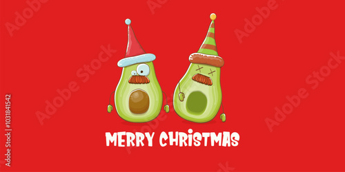 Merry chirstmas vector funky greeting horizontal banner or card with santa claus avocado character and his elf friend on red background. Vector funny christmas party poster design template