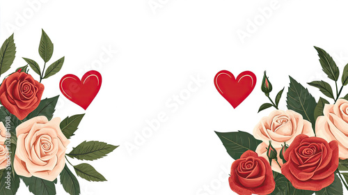Beautiful arrangement of roses and hearts on a white background, perfect for romantic themes and decorative needs.