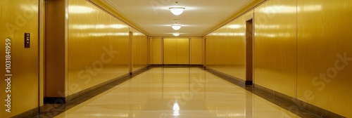 A radiant hallway showcasing golden walls and a polished marble floor, evoking a sense of opulence, elegance, and grandeur.