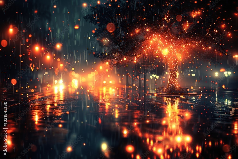 A luminous street tree glows with vibrant lights during a rainy night in the city, creating a magical atmosphere along the wet pavement A luminous street tree glows with vibrant lights during a rainy night in the city, creating a magical atmosphere along the wet pavement