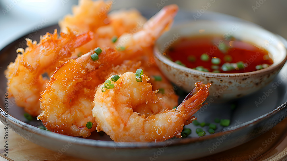 A close-up of crispy shrimp tempura with a dipping sauce A close-up of crispy shrimp tempura with a dipping sauce