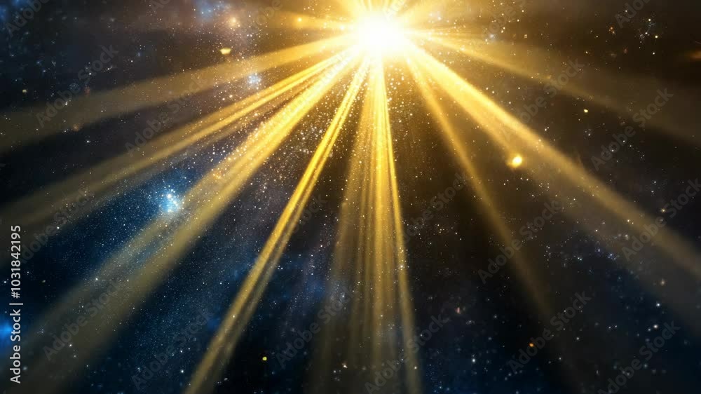 Golden light beams radiate from a bright star in the center of a dark, starry sky