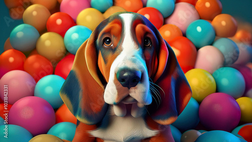 A Bassethound Among Many Colorful Balls photo