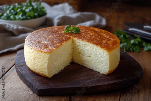 Traditional Salvadoran sweet cheese sponge cake on a dark brown wooden cutting board - generative ai