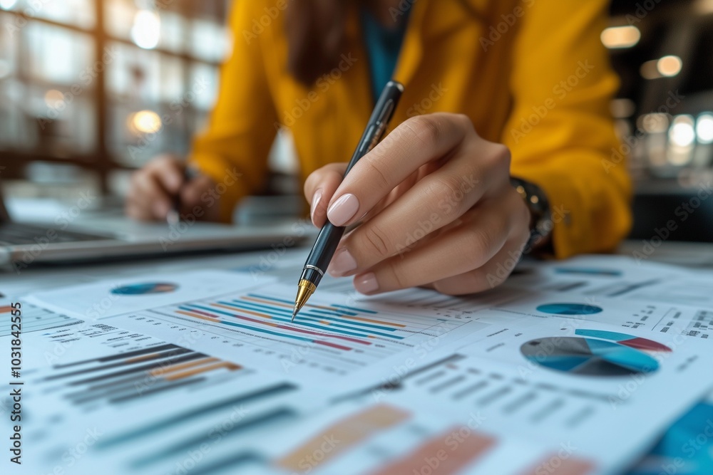 Analyzing financial data with colorful charts in a modern office setting. Generative AI Analyzing financial data with colorful charts in a modern office setting. Generative AI