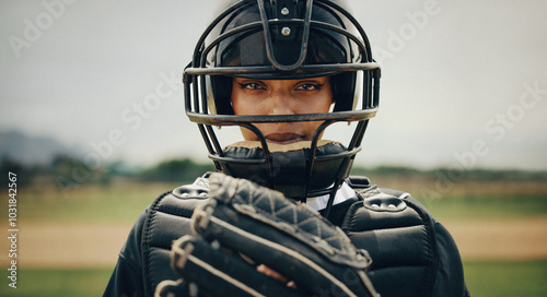 Focused female baseball player in catcher's gear poised to catch the ball on the field photo