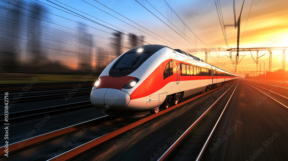 Naklejka premium high-speed train moving at sunset