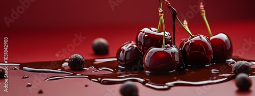 Dark red background, chocolate dripping over cherries on the ground, product photography,