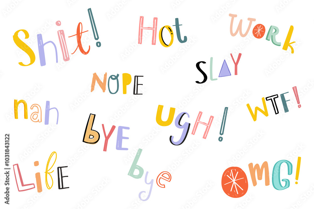 Png message set word doodle font typography